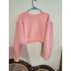 Club Exx Pink Faux Fur Sleeve‎ Crop Top Pullover Sweatshirt